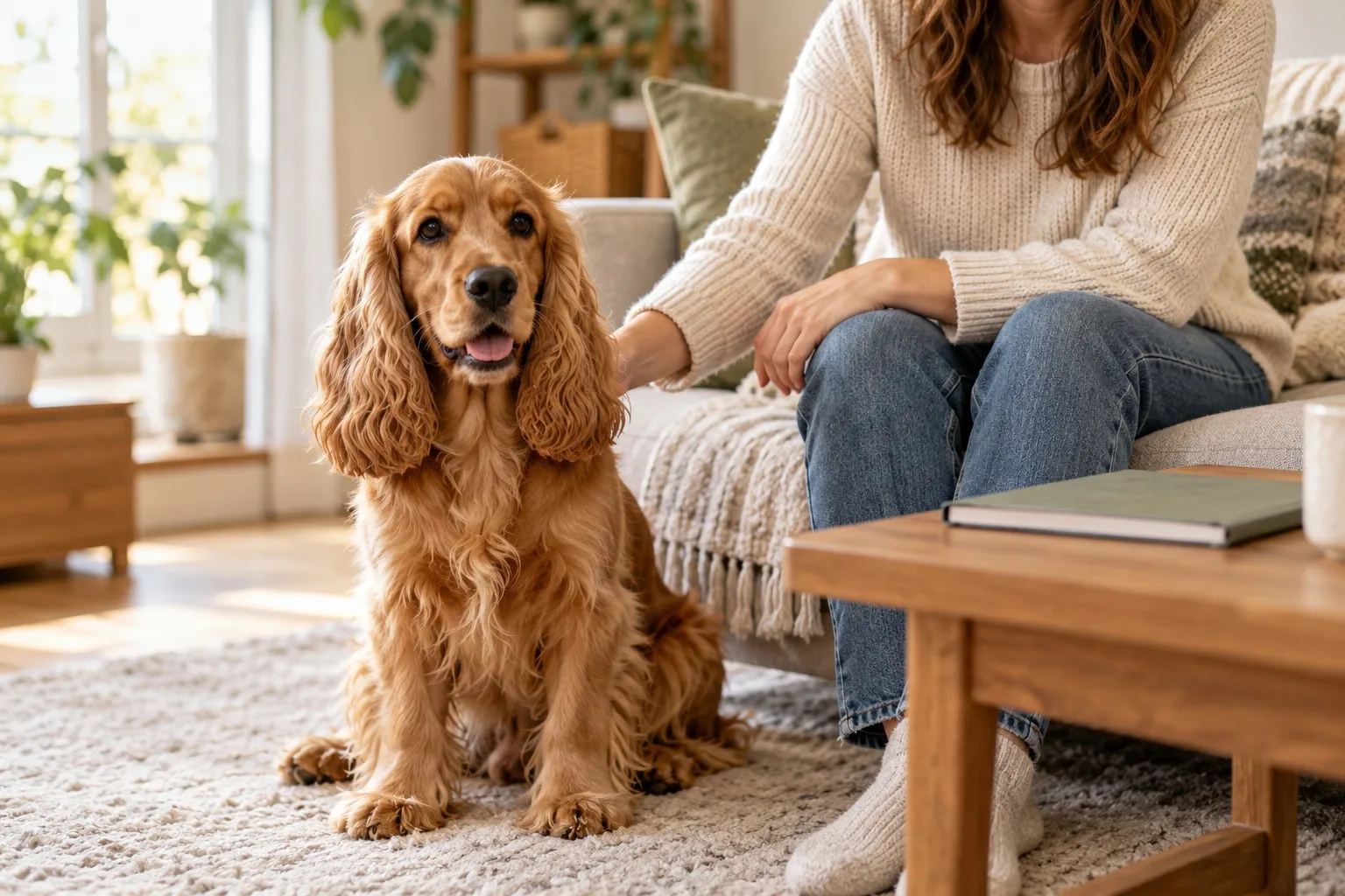 Long-eared reddish dog beside an owner holding a folder