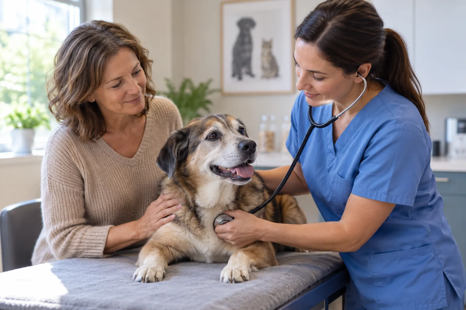 Veterinarian examining a gray-muzzled dog while the owner stays nearby